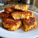 Close-up of several crispy, golden-brown mashed potato cakes piled on a white plate, showing melted cheese inside.