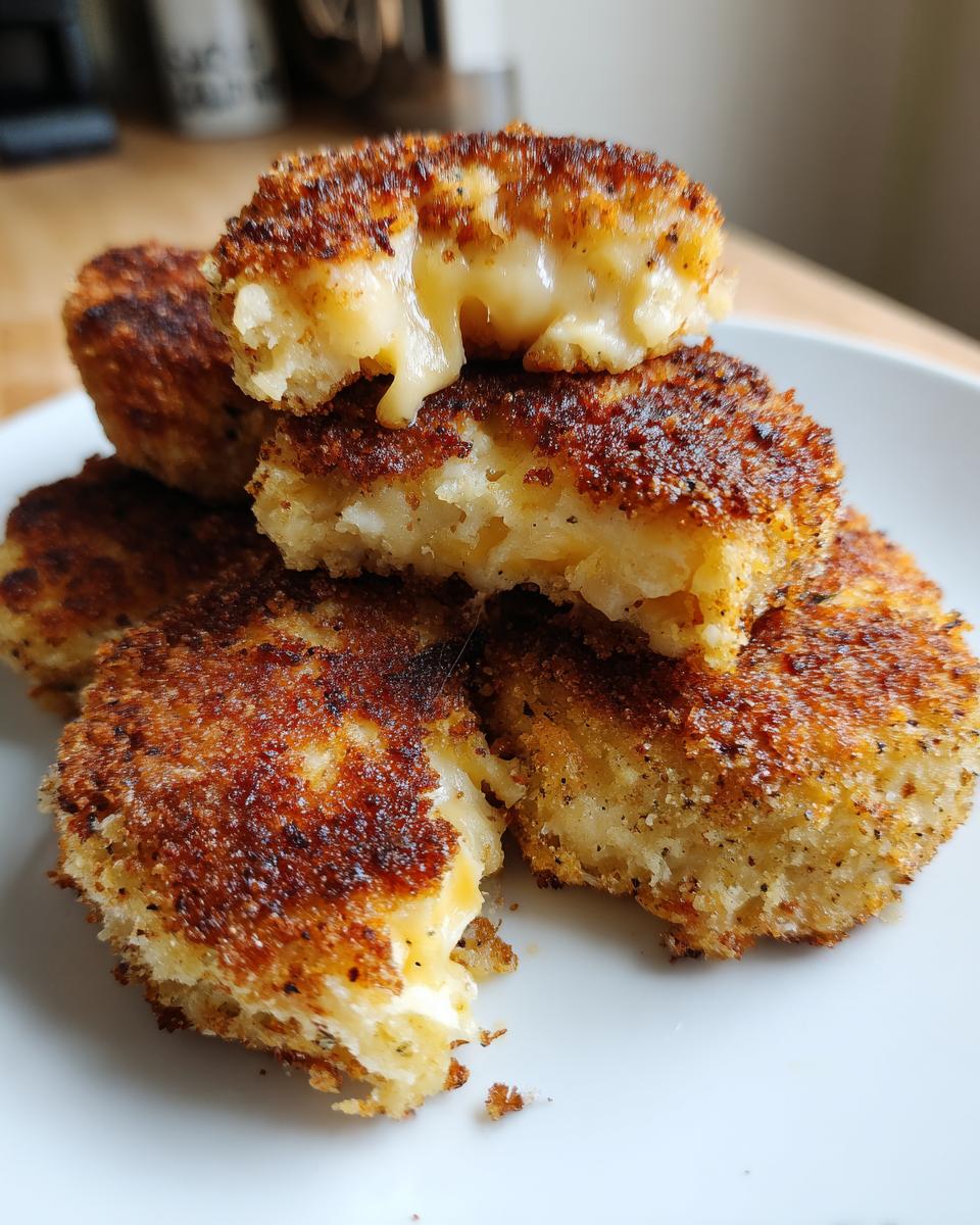 A stack of crispy, golden-brown mashed potato cakes, with the top one broken open revealing melted cheese inside.