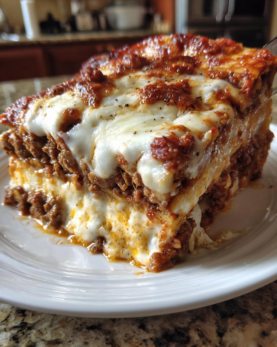 Close-up of a thick, cheesy slice of sheet pan lasagna with melted mozzarella and rich meat sauce.