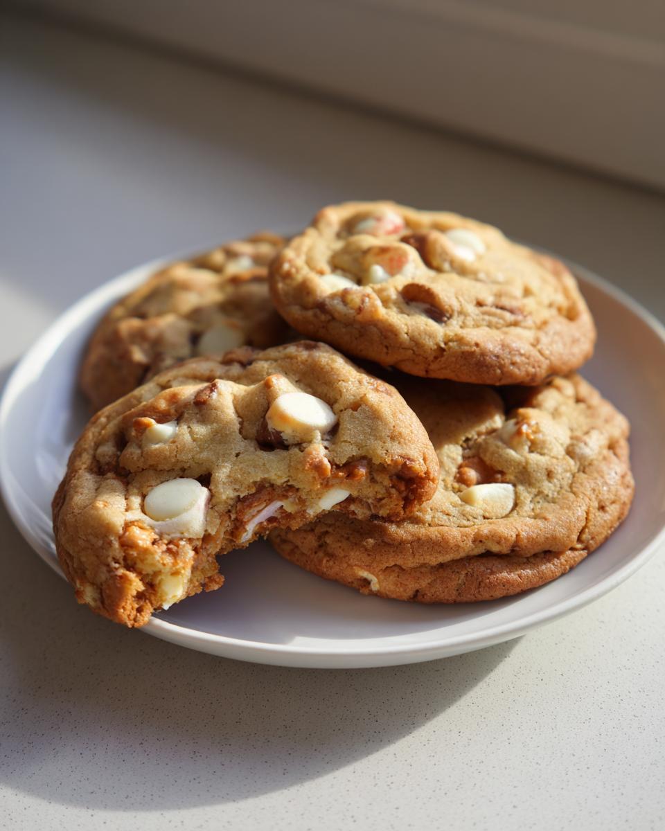 Four soft, chewy kitchen sink cookies piled on a white plate, one cookie has a bite taken out.