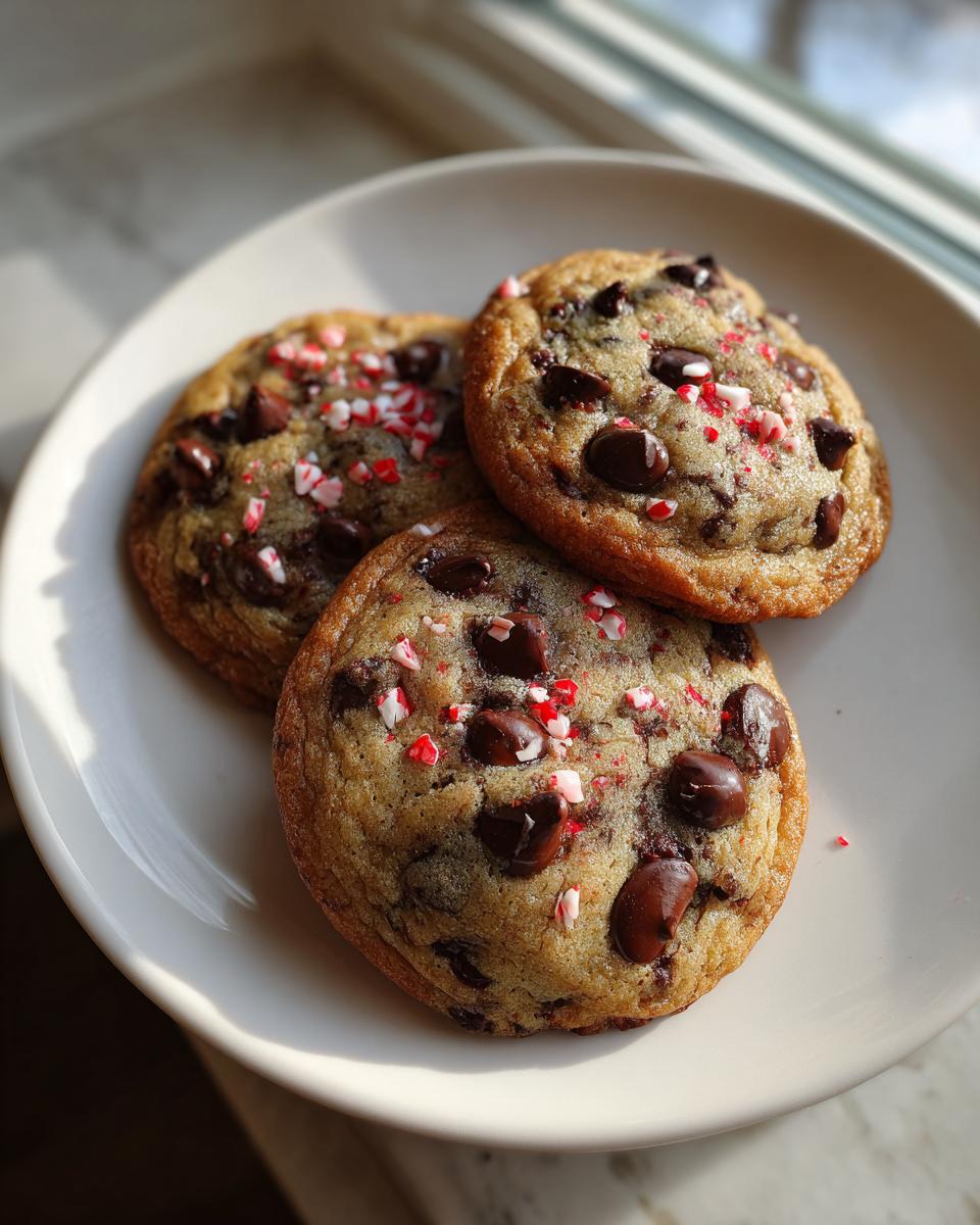 Three chewy peppermint chocolate chip cookies topped with chocolate chips and crushed candy canes on a white plate.