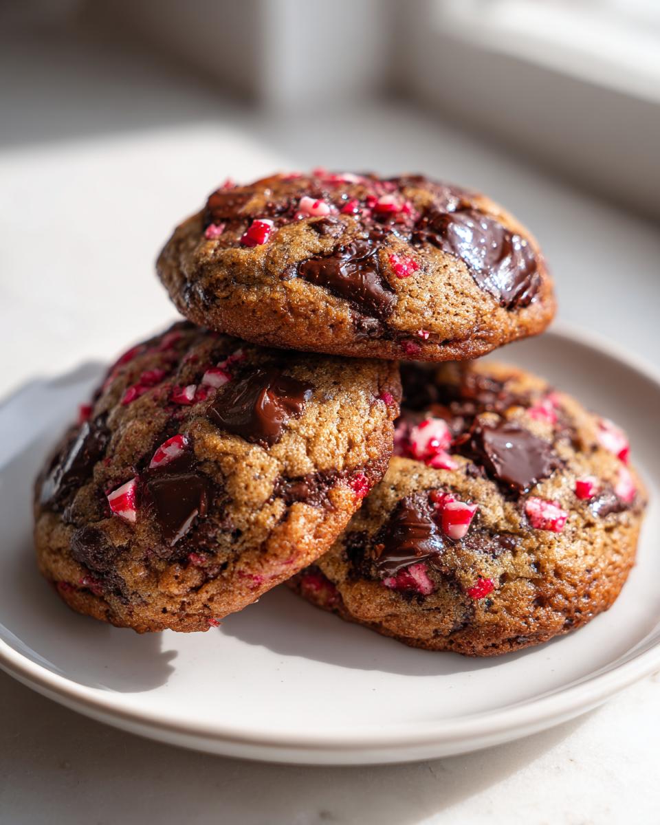 A stack of three chewy peppermint chocolate chip cookies with melted chocolate chunks and crushed candy canes.