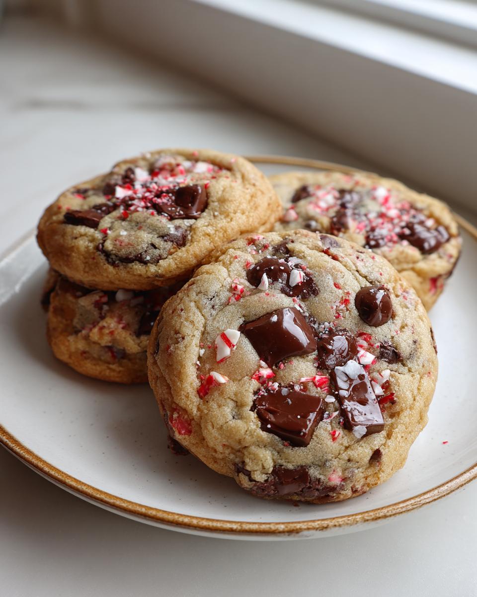 Close-up of four chewy peppermint chocolate chip cookies topped with melted chocolate chunks and crushed candy canes.