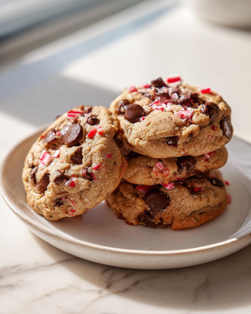 A stack of four chewy peppermint chocolate chip cookies topped with chocolate chips and crushed candy canes.
