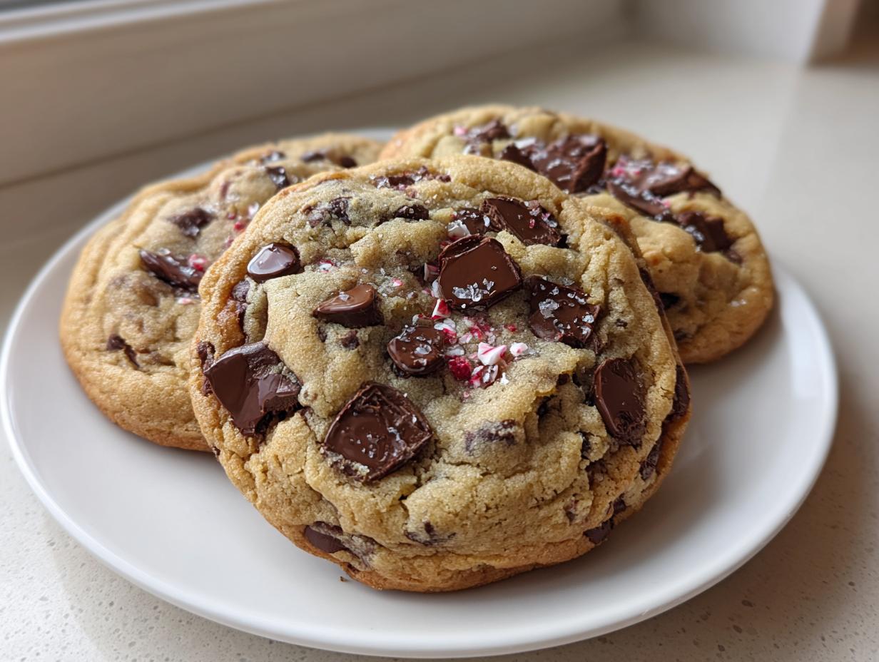 Three chewy peppermint chocolate chip cookies topped with chocolate chunks and sea salt on a white plate.