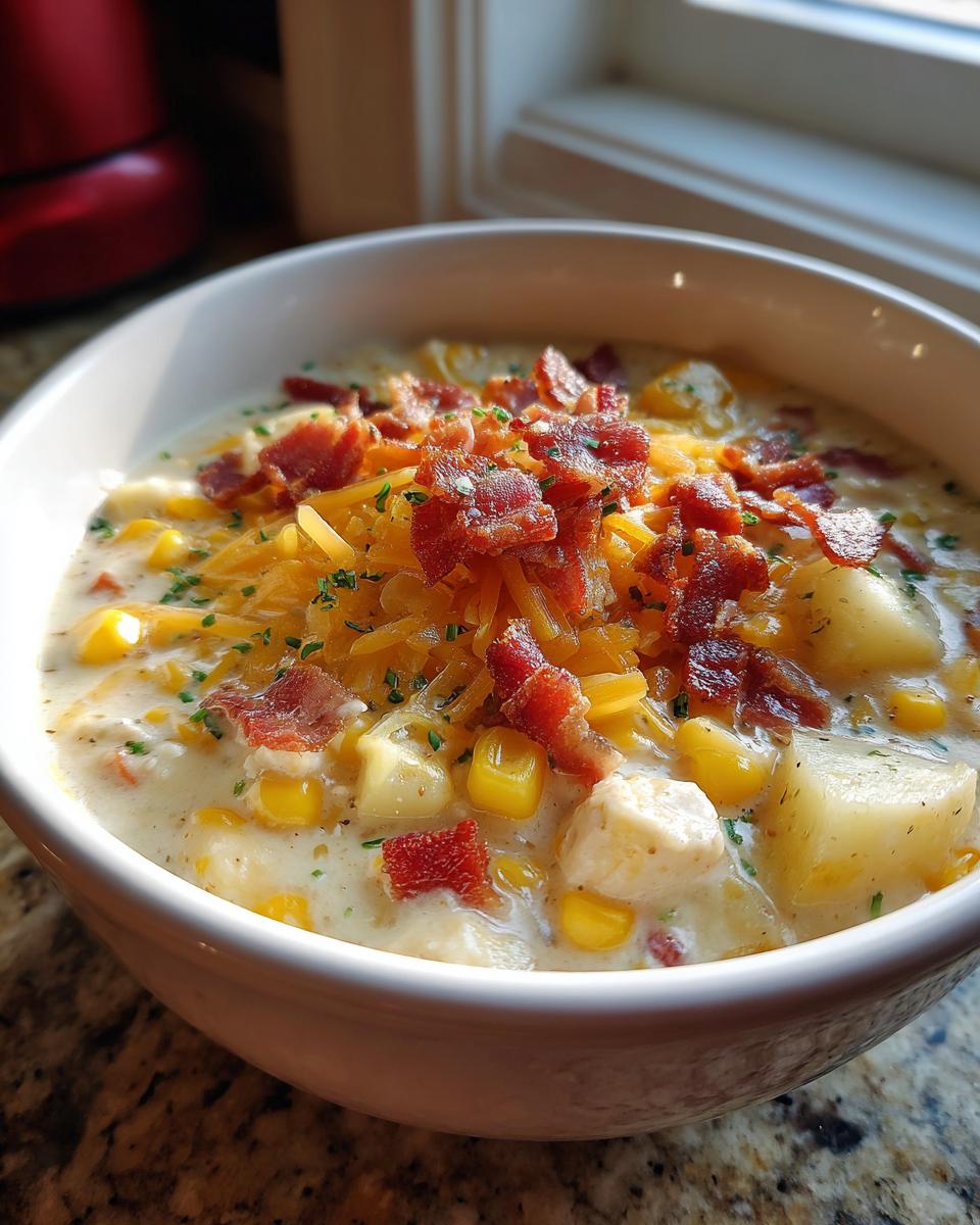A close-up of a bowl of creamy chicken corn chowder topped generously with shredded cheddar cheese, crispy bacon bits, and chives.