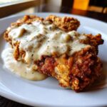 Close-up of crispy, golden brown chicken fried steak smothered in creamy, black pepper-flecked country gravy.