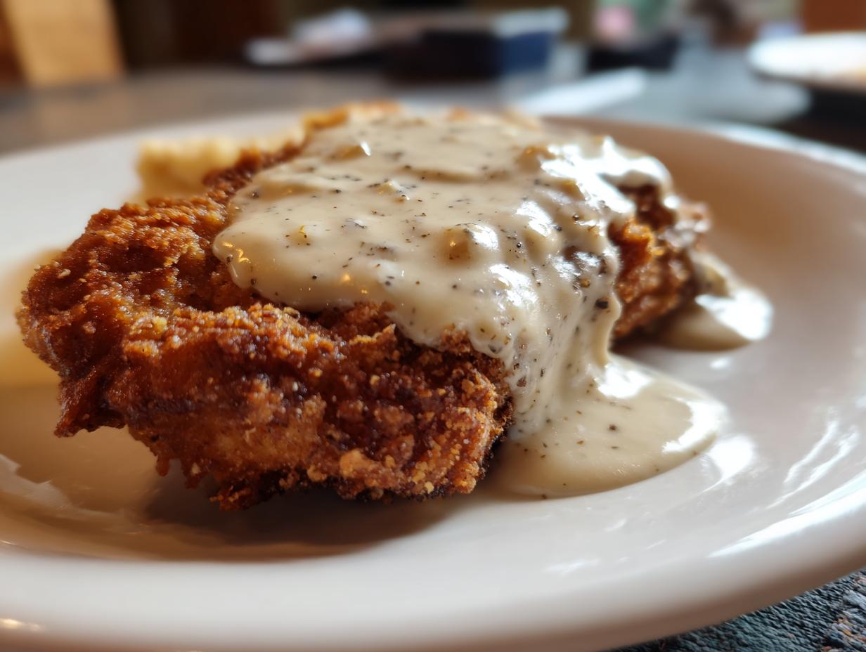 Close-up of a crispy, golden brown chicken fried steak smothered in creamy black pepper gravy.