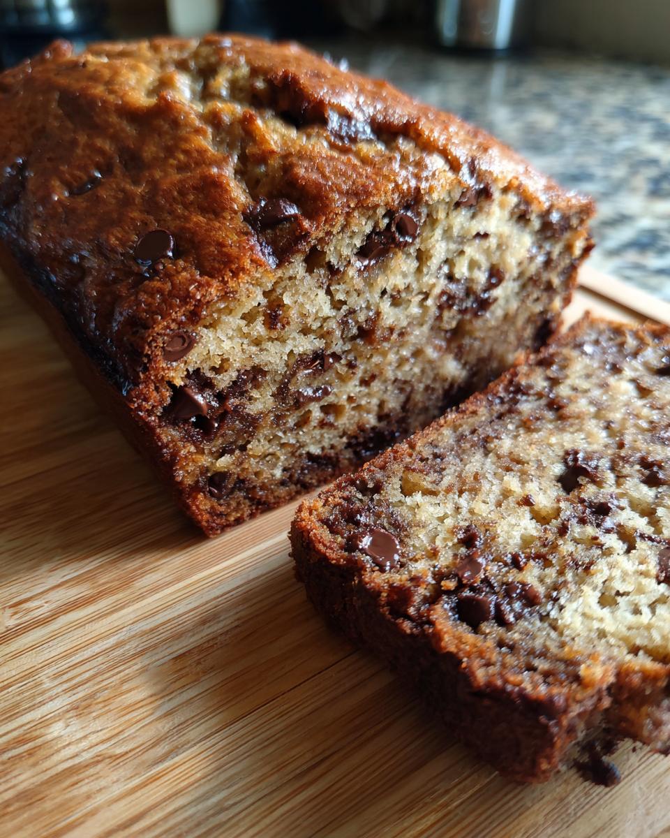 Close-up of a freshly baked chocolate chip banana bread recipe loaf, sliced on a wooden board.