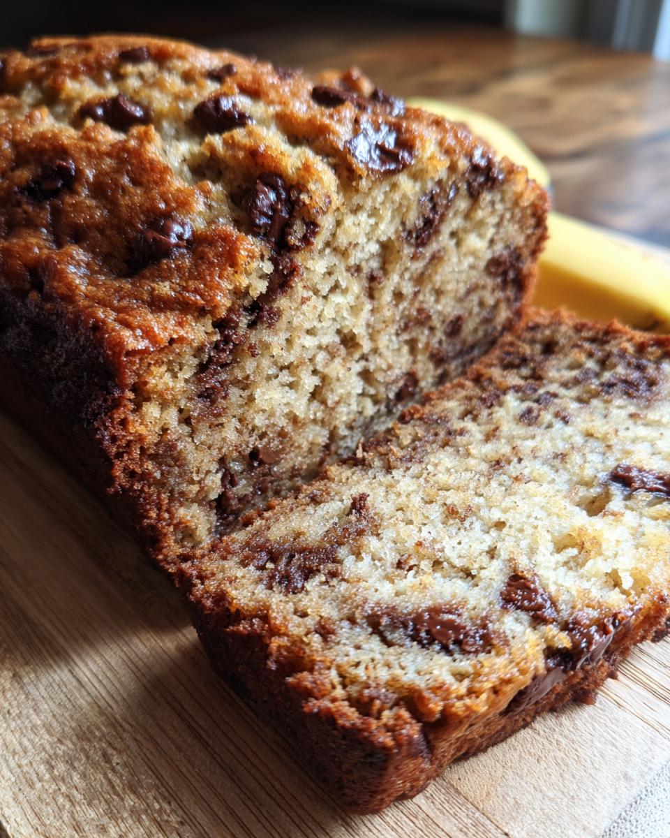Close-up of moist chocolate chip banana bread, showing a slice cut from the loaf.