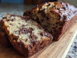 Close-up of a freshly baked chocolate chip banana bread recipe loaf, with one slice cut and leaning against the main loaf.