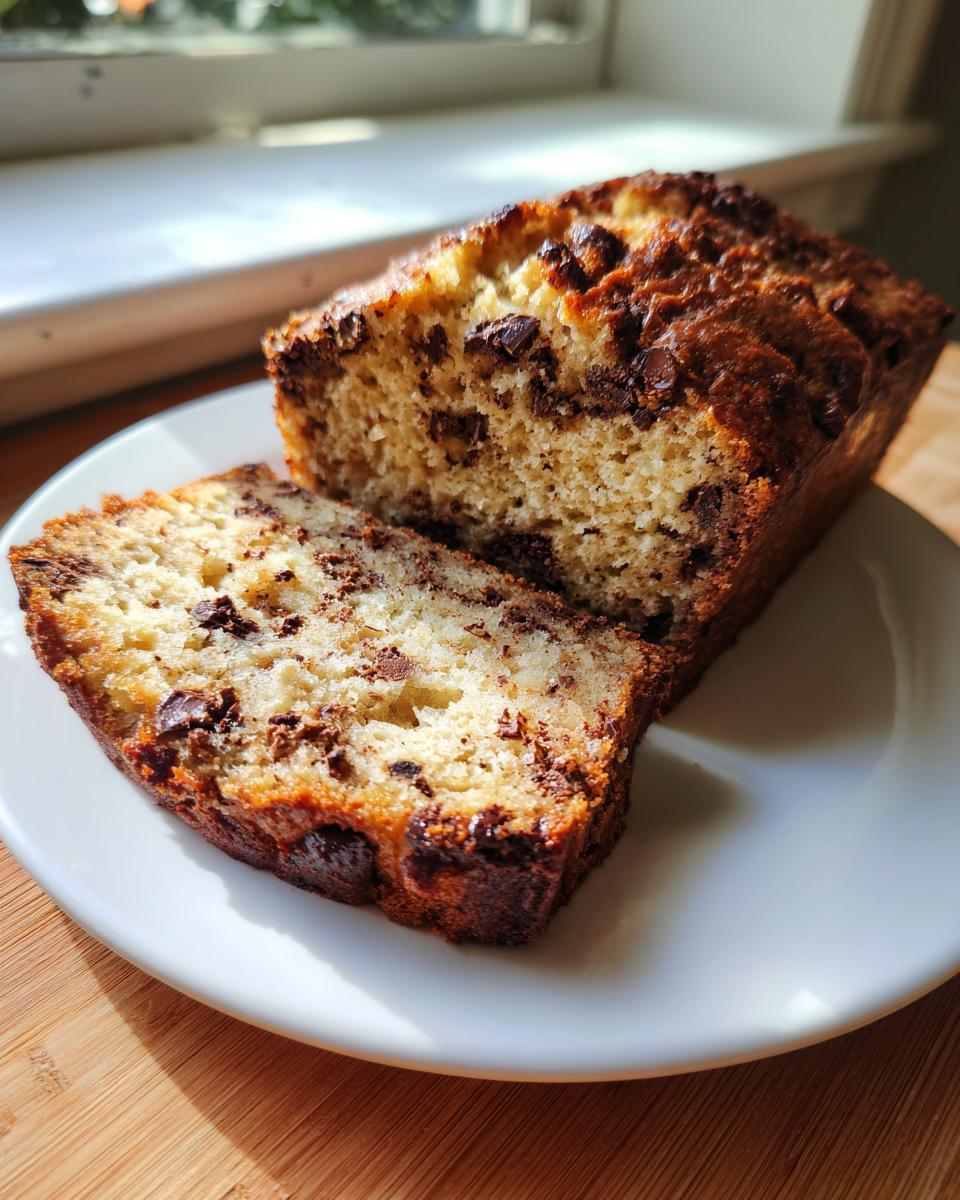 A slice of moist chocolate chip banana bread next to the loaf on a white plate, catching sunlight.