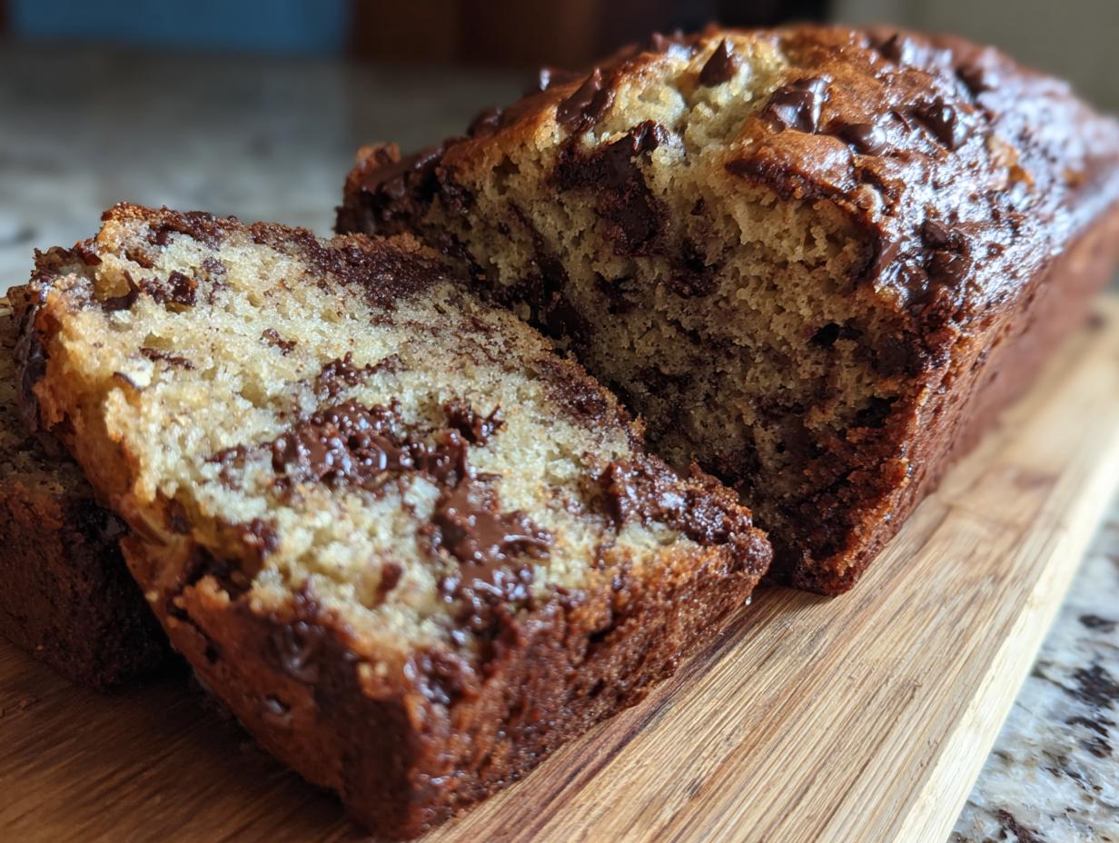 Close-up of a freshly baked chocolate chip banana bread recipe loaf, with one slice cut and leaning against the main loaf.
