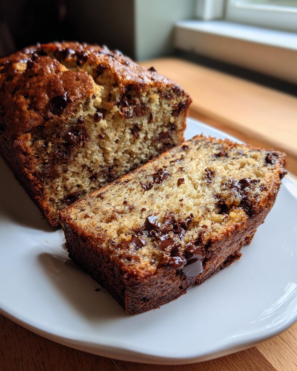 A slice of moist chocolate chip banana bread next to the main loaf on a white plate.