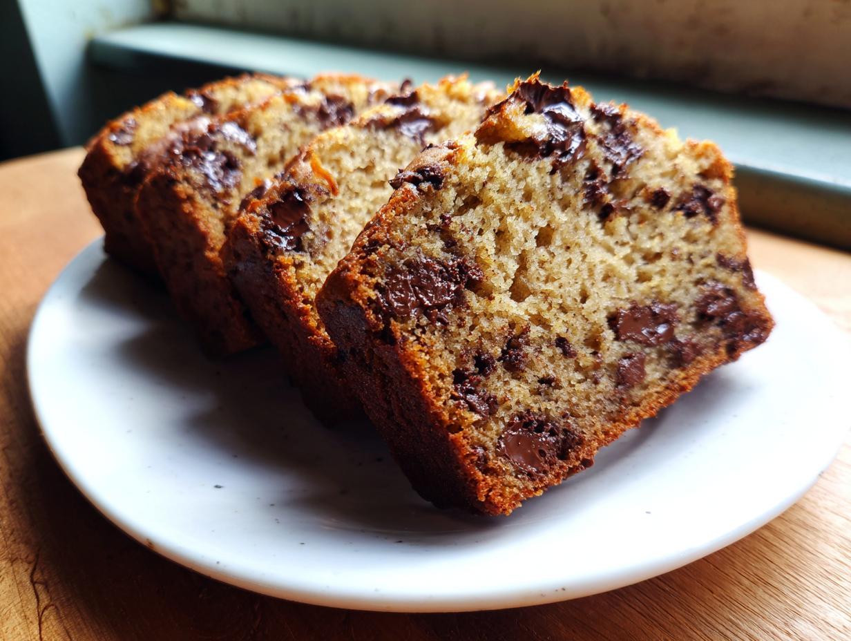 Close-up of three thick slices of moist chocolate chip banana bread recipe served on a white plate.