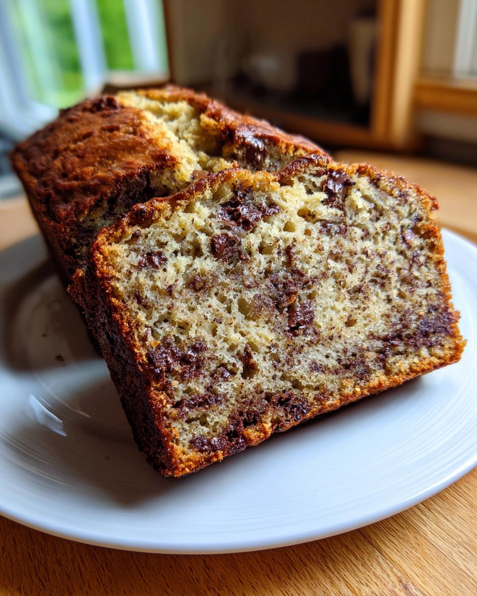 A thick slice of moist chocolate chip banana bread recipe showing rich chocolate pockets on a white plate.
