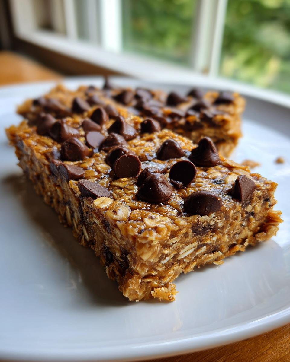 Close-up of a homemade chocolate chip protein bars made with oats, sitting on a white plate.