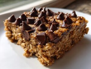 A close-up of a thick, square chocolate chip protein bars slice made with oats, sitting on a white plate.