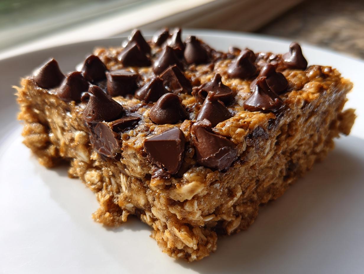 A close-up of a thick, square chocolate chip protein bars slice made with oats, sitting on a white plate.