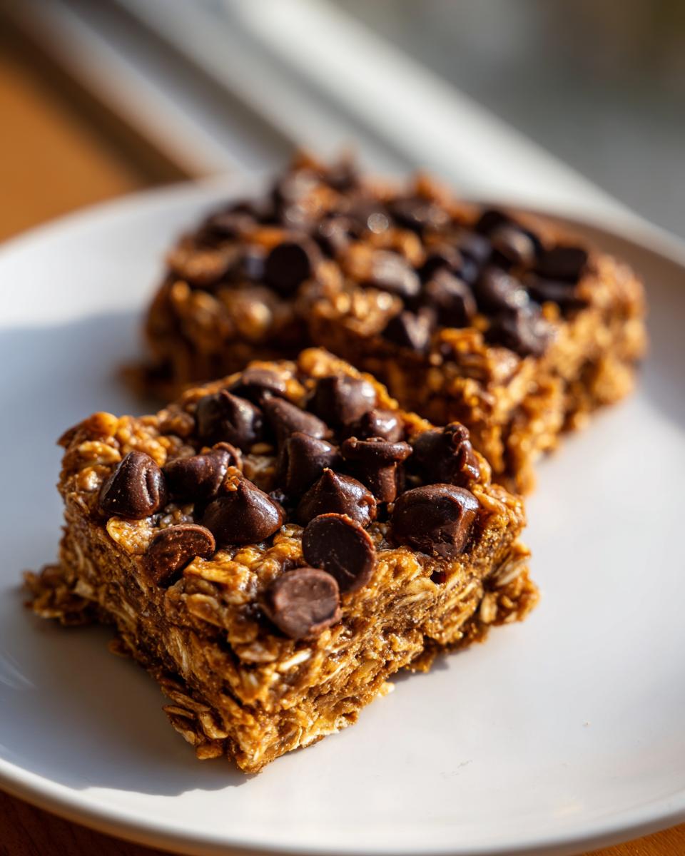 Two homemade chocolate chip protein bars made with oats, sitting on a white plate in bright sunlight.