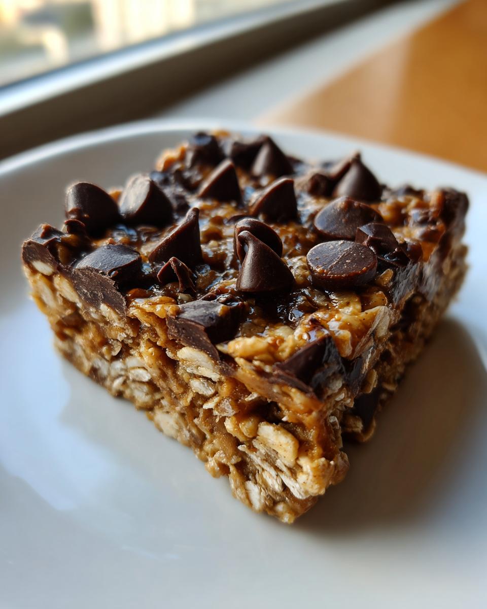 A close-up of a homemade, chewy protein bars square topped generously with melted chocolate and chocolate chips.