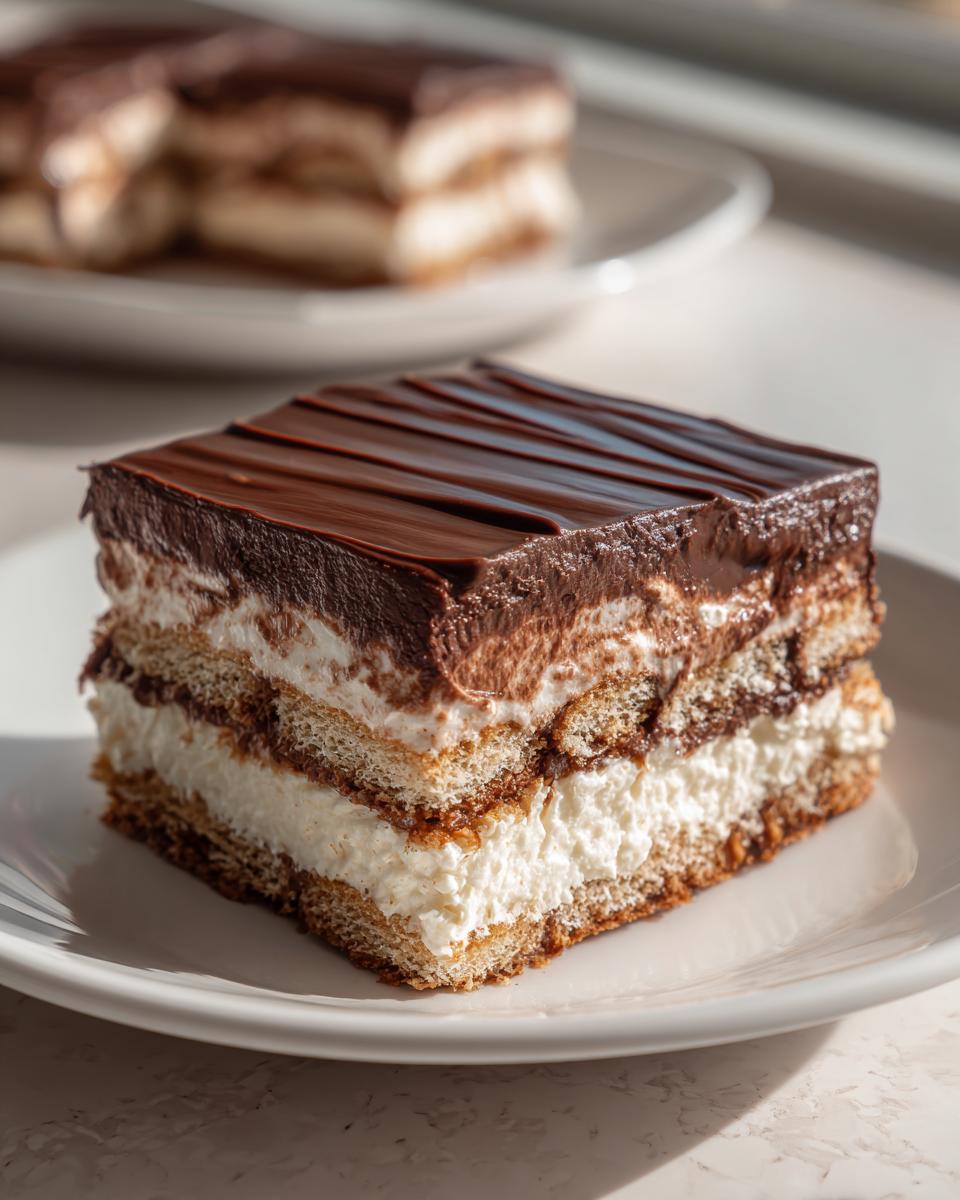 A square slice of chocolate eclair cake featuring layers of cream, soaked biscuits, and a shiny chocolate glaze topping.