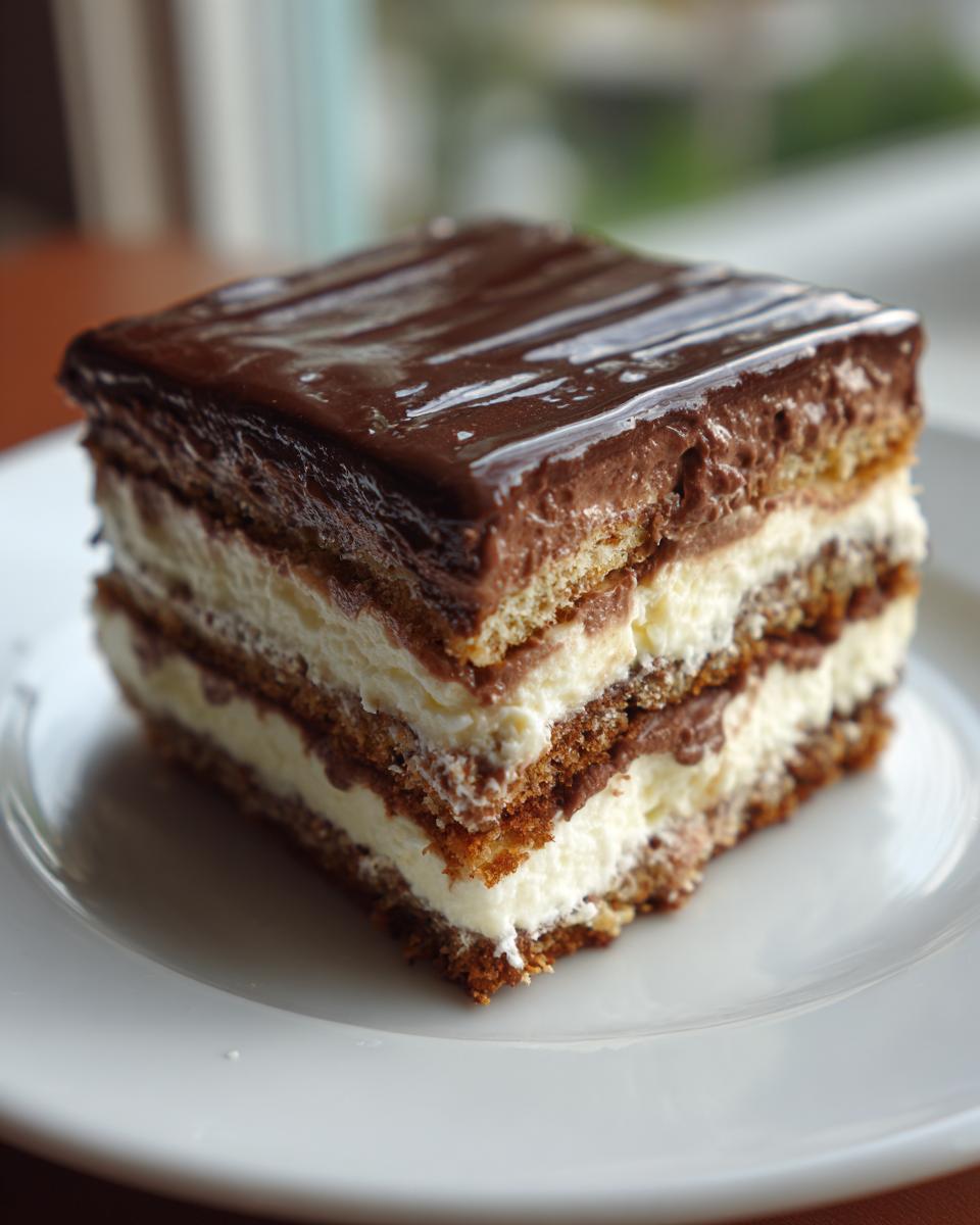 A square slice of layered chocolate eclair cake featuring graham crackers, vanilla cream, and chocolate pudding, topped with shiny chocolate glaze.