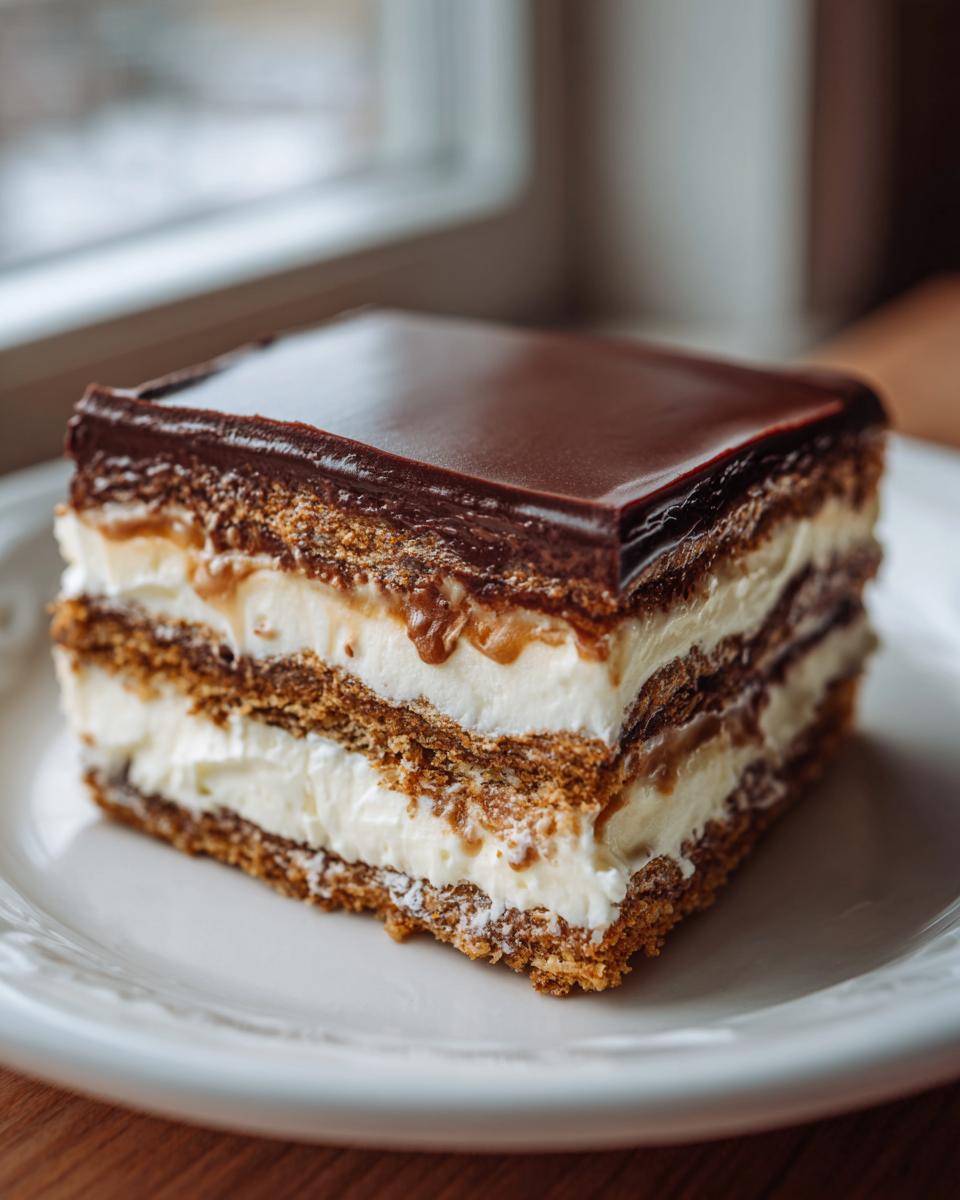 A square slice of chocolate eclair cake showing layers of graham cracker crust, cream filling, and rich chocolate ganache topping.