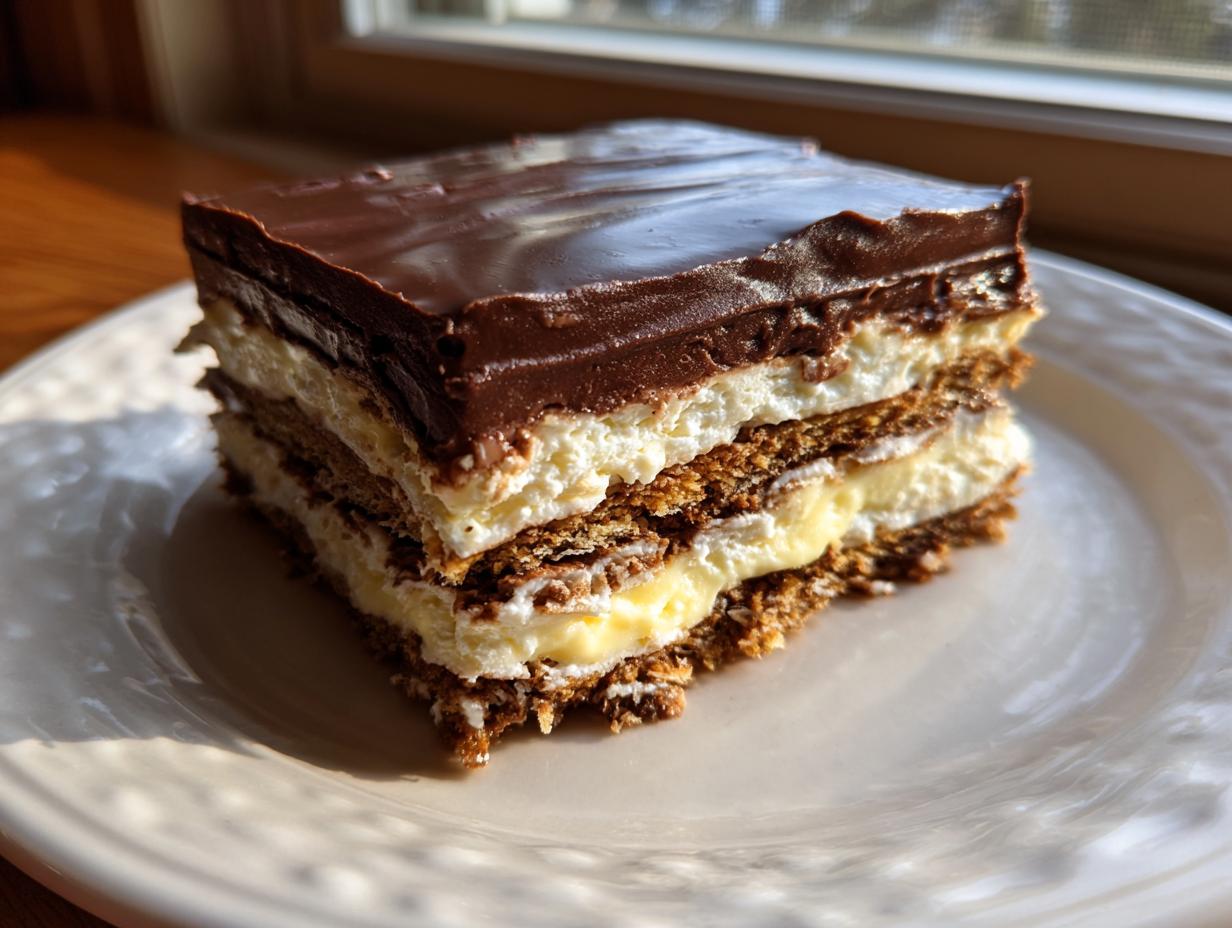 A decadent slice of chocolate eclair cake showing layers of graham crackers, vanilla pudding, and whipped topping, covered in chocolate ganache.