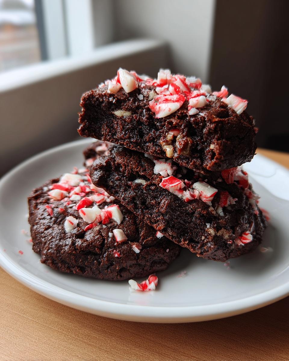Three rich, dark chocolate peppermint cookies stacked on a white plate, topped with crushed candy canes.