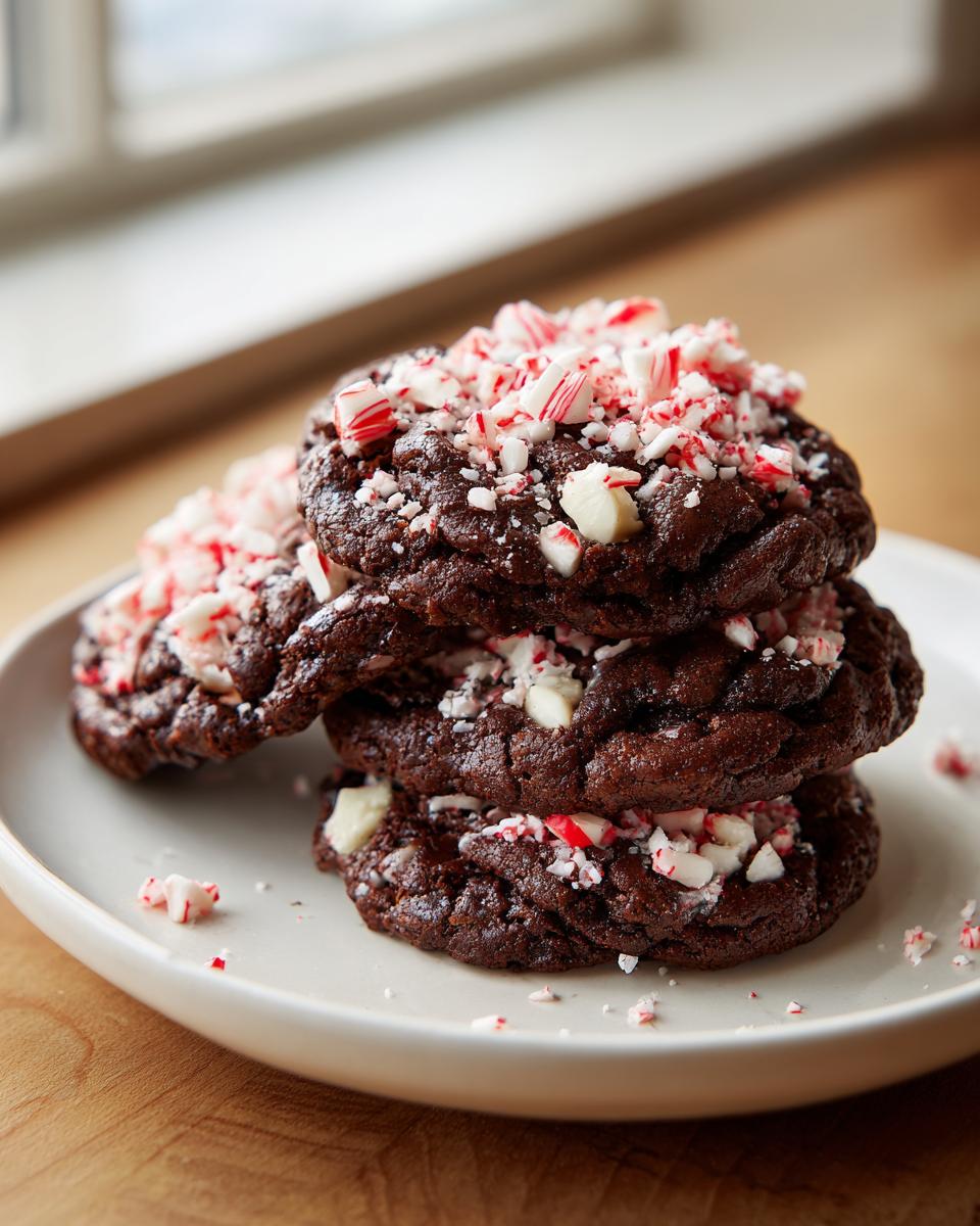 A stack of rich, dark chocolate peppermint cookies topped generously with crushed candy canes and white chocolate chips.
