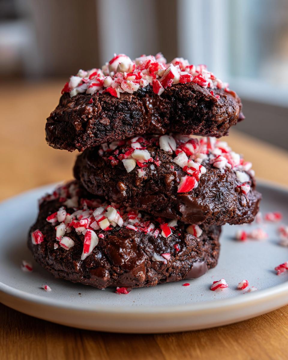A stack of three rich, dark chocolate peppermint cookies topped with crushed candy canes on a light gray plate.