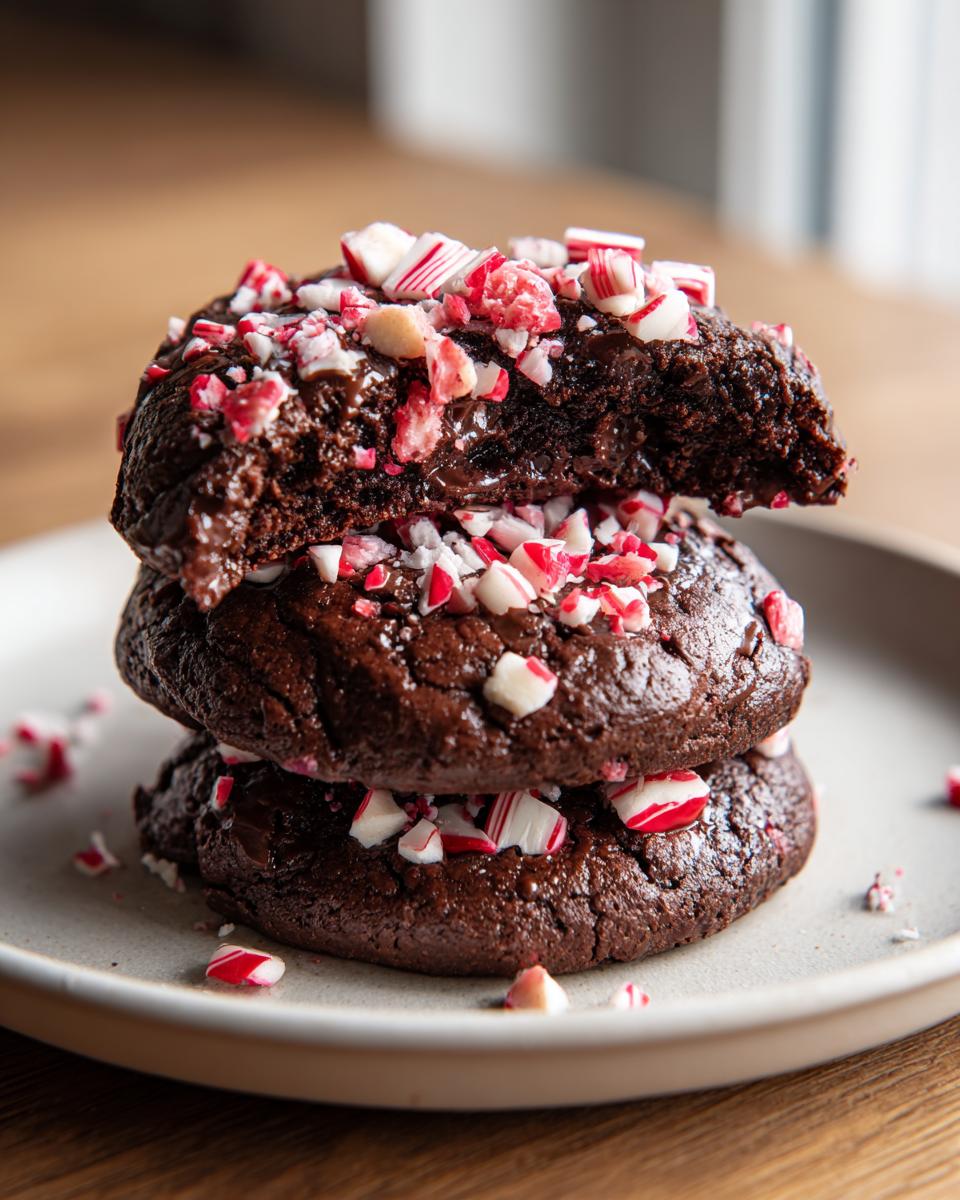 Stack of three rich chocolate peppermint cookies topped with crushed candy canes; one cookie has a bite taken out.