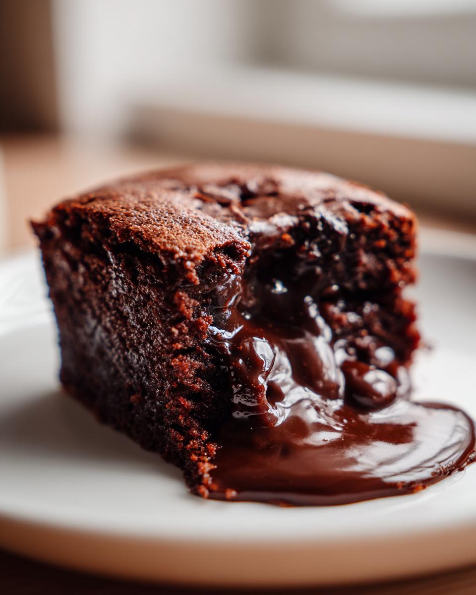 Close-up of a rich chocolate pudding cake slice oozing with molten chocolate sauce.