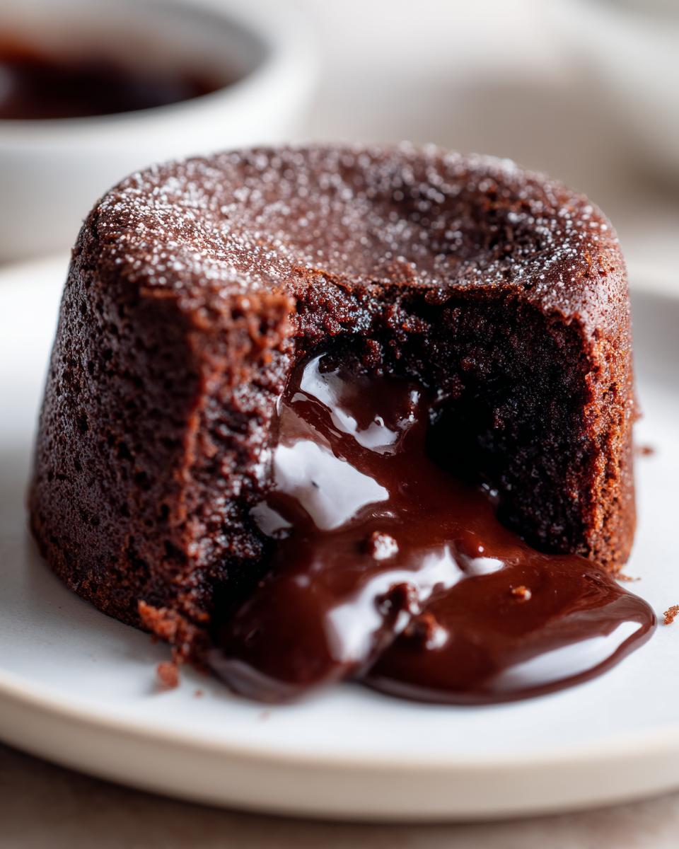 Close-up of a warm chocolate pudding cake cut open, showing rich, molten chocolate oozing out.