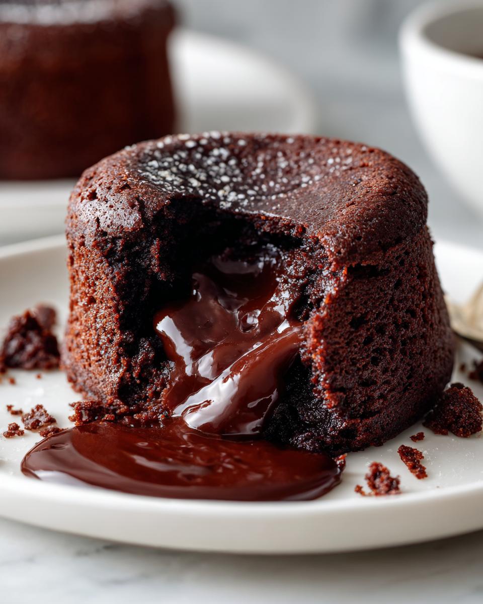 Close-up of a rich chocolate pudding cake with the center cut open revealing molten chocolate lava.