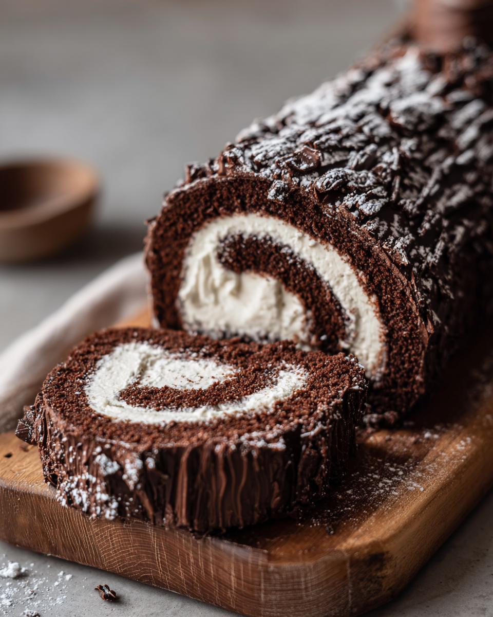 Close-up of a rich chocolate yule log cake, showing a slice revealing the white cream swirl filling.
