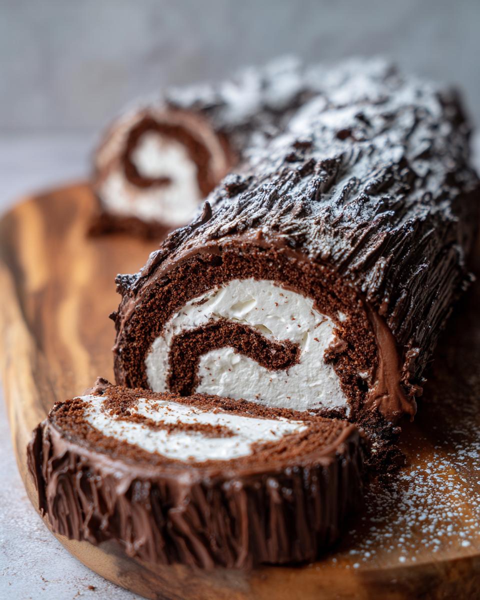 A close-up view of a chocolate yule log cake, sliced to show the white cream swirl filling, dusted with powdered sugar.