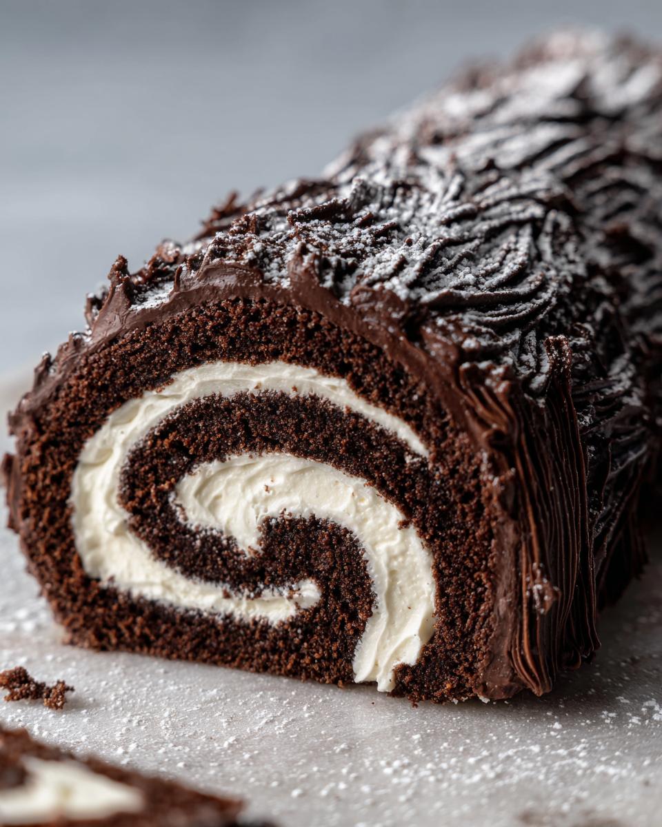 Close-up of a rich chocolate yule log cake slice showing a perfect swirl of dark cake and white cream filling.