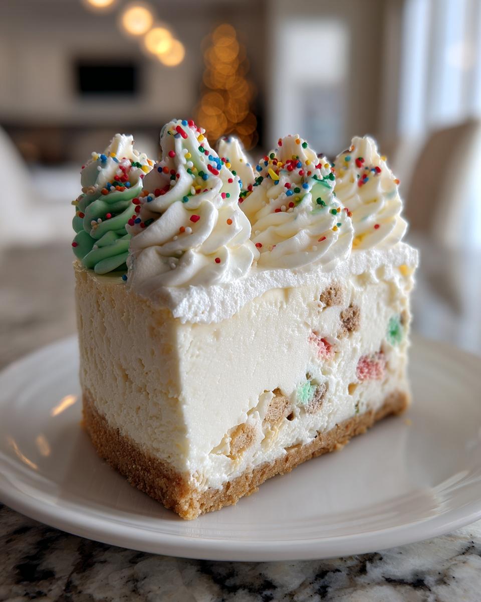 A close-up slice of christmas tree cheesecake with colorful cereal pieces, topped with whipped cream swirls and sprinkles.
