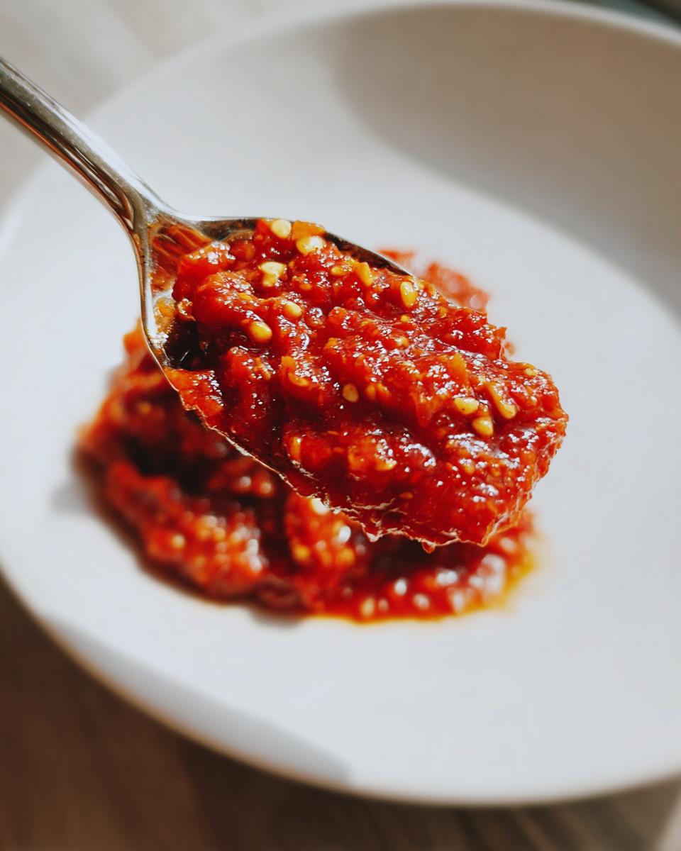 A spoonful of thick, vibrant red pizza sauce, showing visible seeds and texture, being lifted from a white bowl.