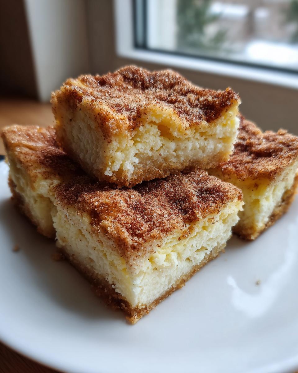 A stack of four square churro cheesecake bites topped generously with cinnamon sugar.