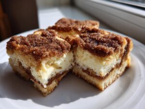 Three squares of creamy churro cheesecake topped with cinnamon sugar, sitting on a white plate.