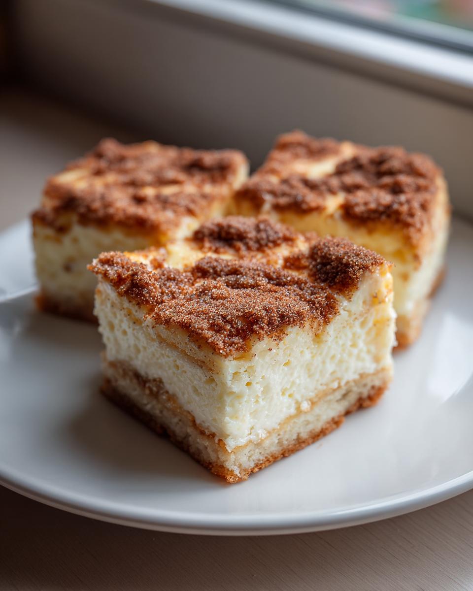 Three square slices of creamy churro cheesecake with a cinnamon-sugar topping served on a white plate.