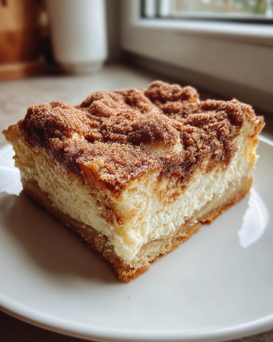 A close-up of a rich slice of churro cheesecake with a thick, creamy layer and a generous cinnamon-sugar topping.