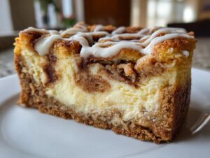 Close-up of a thick slice of cinnamon roll cheesecake with a creamy center and icing drizzle.