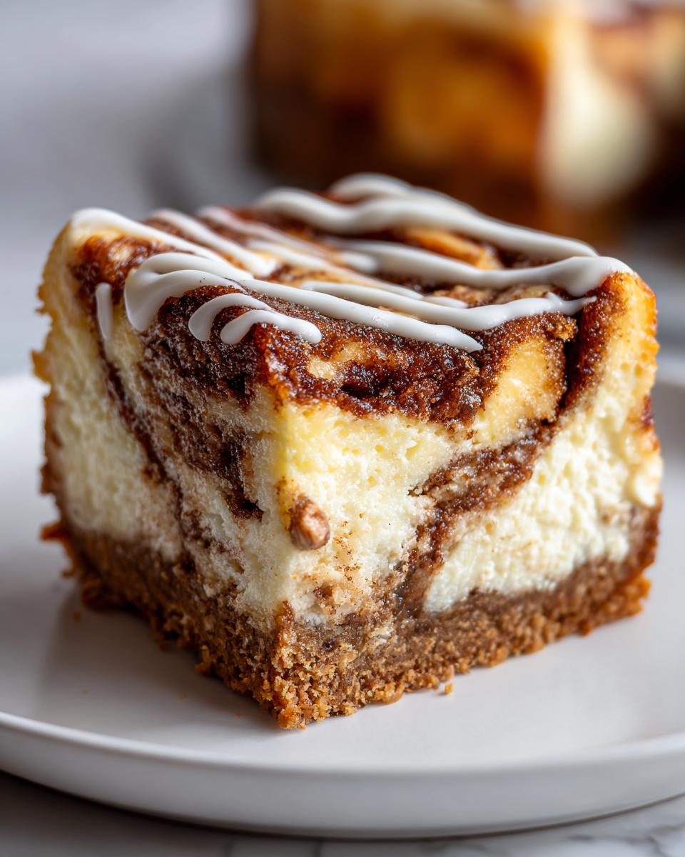 Close-up of a rich slice of cinnamon roll cheesecake with a graham cracker crust and white icing drizzle.