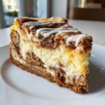 Close-up of a rich slice of cinnamon roll cheesecake with a swirl pattern and white icing drizzle.