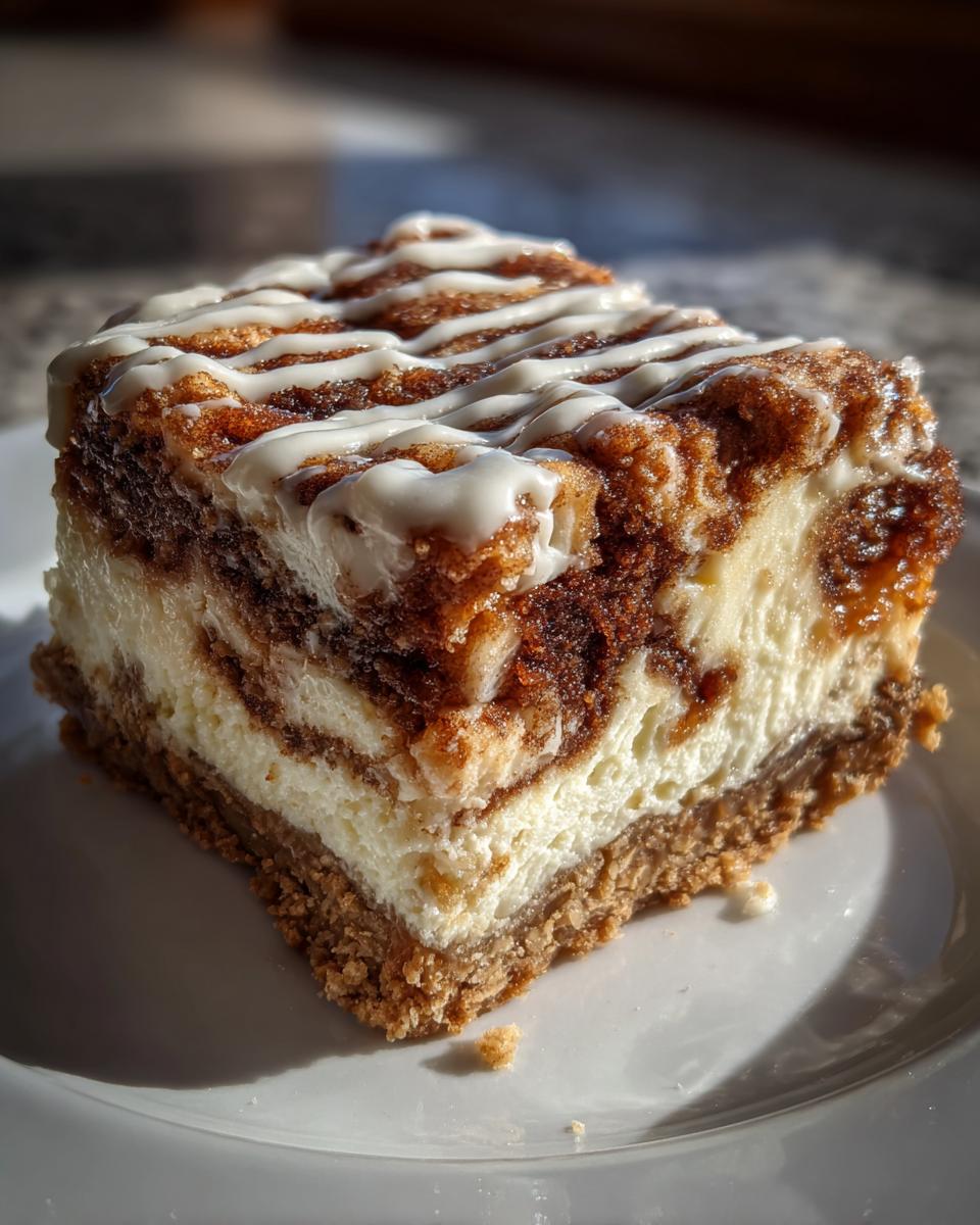 A close-up shot of a square slice of cinnamon roll cheesecake with a thick graham cracker crust and white icing drizzle.