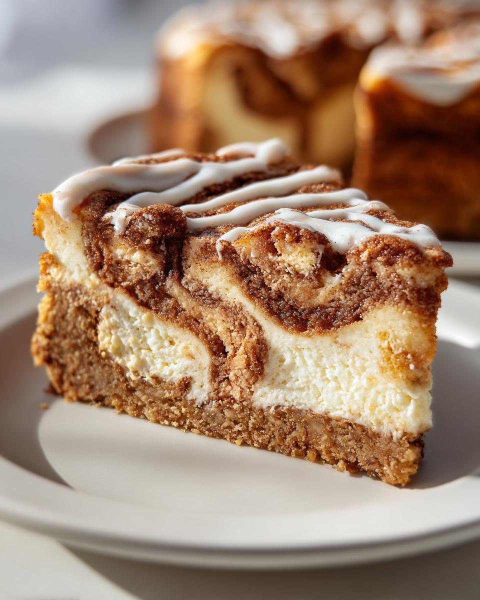 A thick slice of cinnamon roll cheesecake with a graham cracker crust, swirled filling, and white icing drizzle.